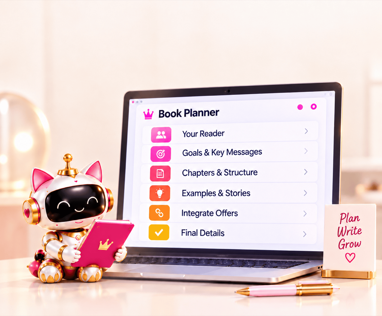 Step 2, Plan Your Book: AI Book Planner showing reader, goals, chapters, examples, offers, and final details.