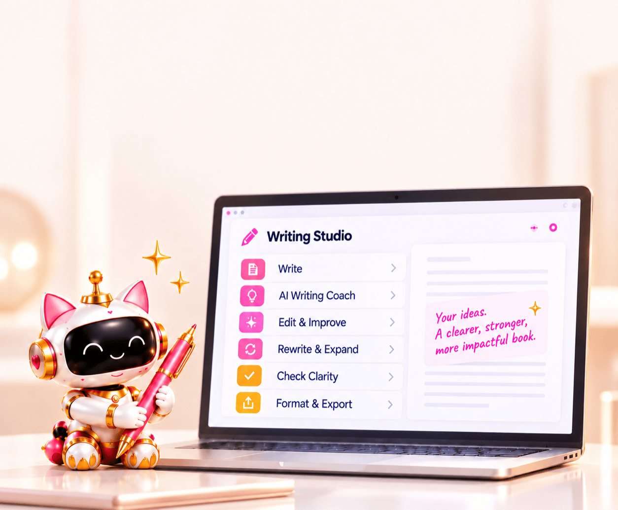 Step 3, Write and Polish Your Book: AI Writing Studio with writing, coaching, editing, clarity, and export tools.