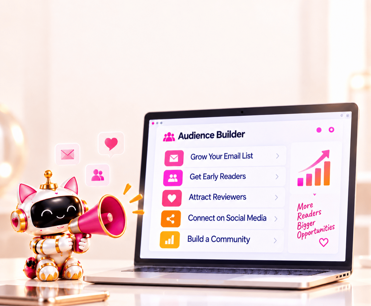 Step 4, Build Your Audience While You Write: AI Audience Builder for email lists, early readers, reviewers, social media, and community.