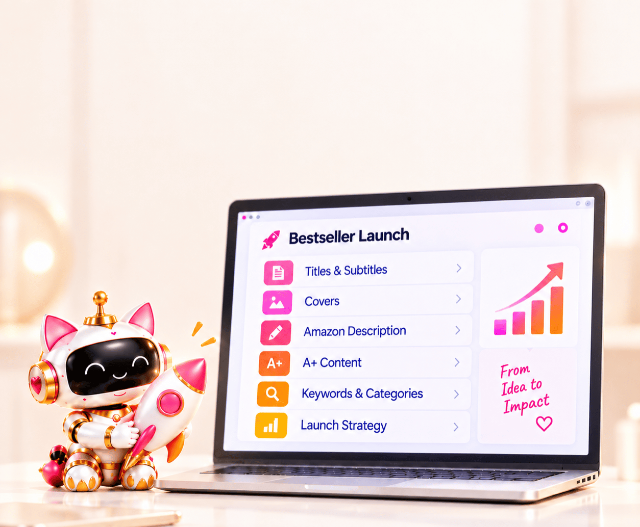 Step 5, Prep & Launch to a Bestseller: AI launch tools for titles, covers, descriptions, A+ Content, keywords, categories, and strategy.
