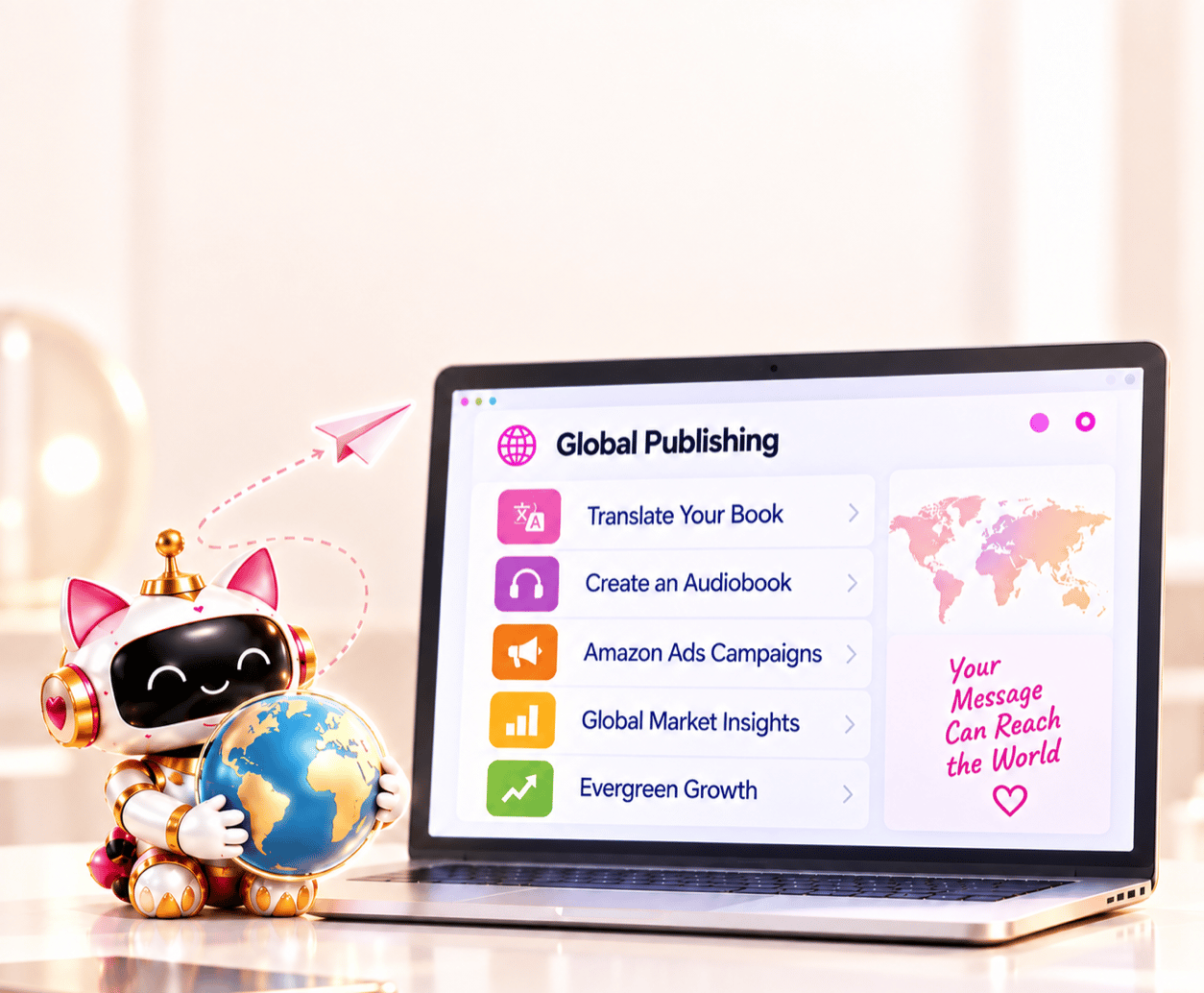 Step 6, Go Global: AI publishing tools for translation, audiobooks, Amazon Ads, global market insights, and evergreen growth.