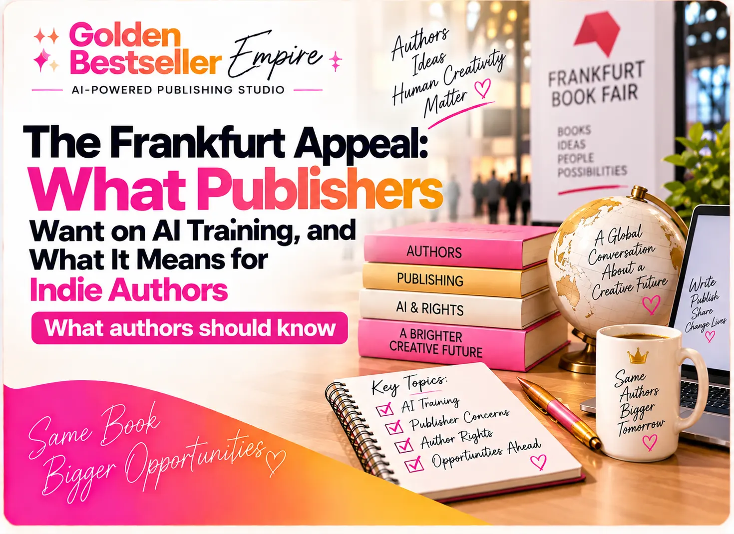 Frankfurt Appeal on AI training cover by Gundi Gabrielle of Golden Bestseller Empire, showing a Frankfurt Book Fair sign, a globe, a stack of books labeled authors, publishing, and AI and rights, and a checklist of key topics for indie authors