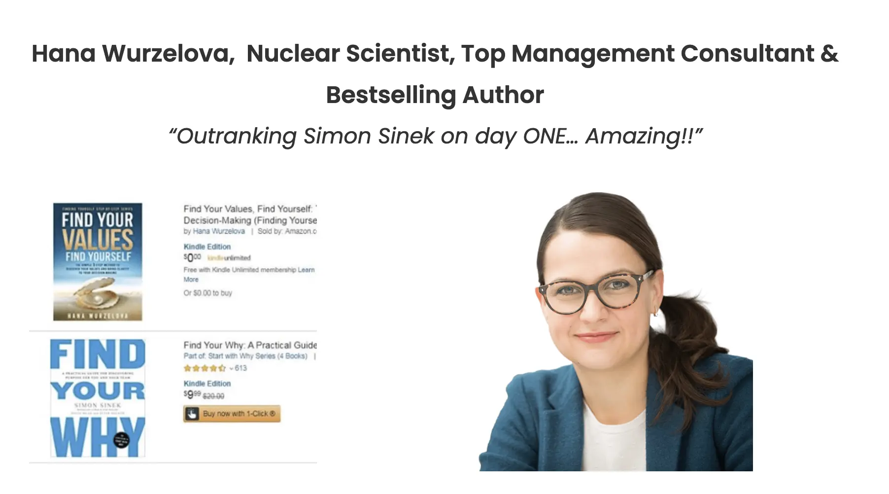 Hana Wurzelova, Nuclear Scientist, Top Management Consultant & Bestselling Author: "Outranking Simon Sinek on day ONE... Amazing!!"