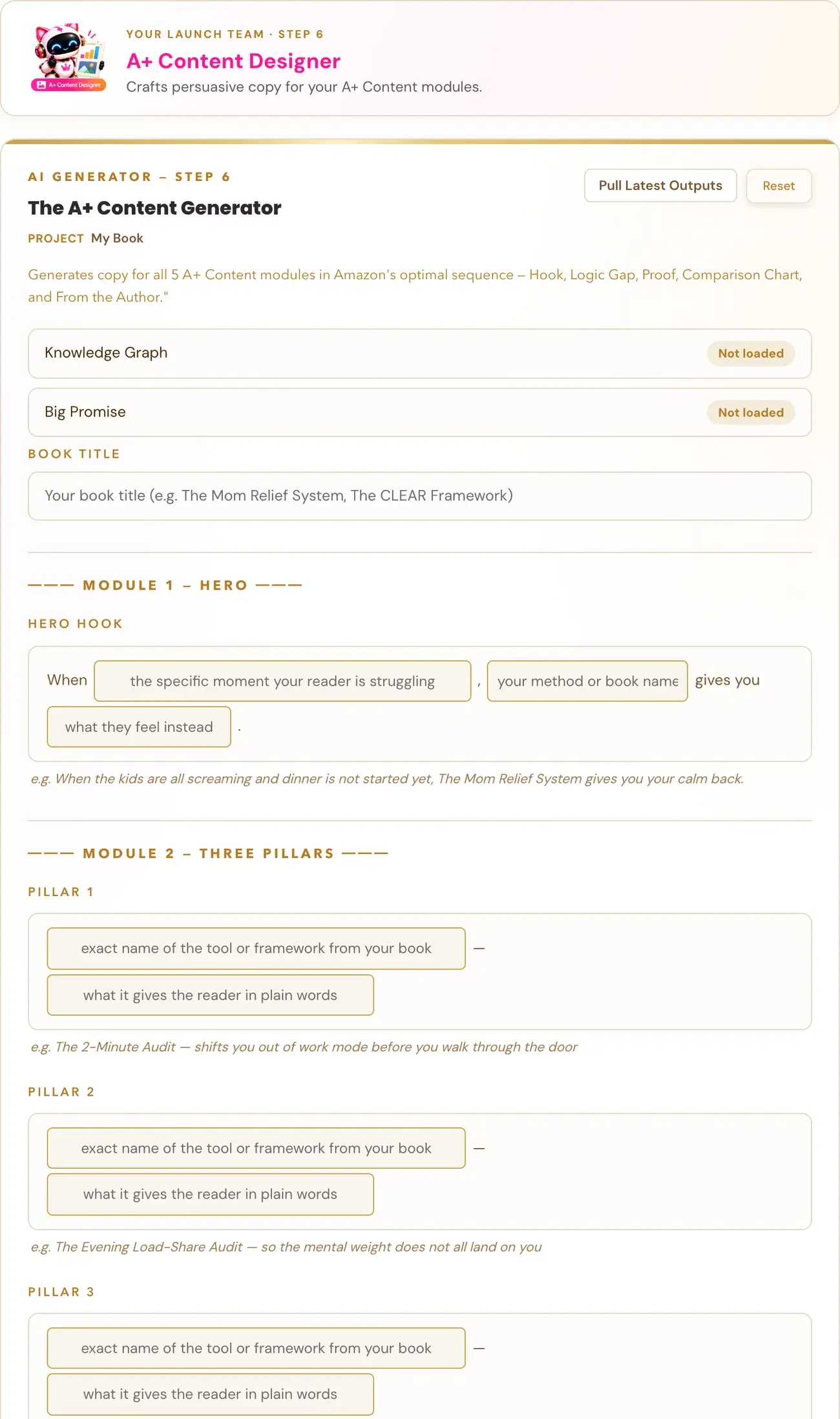 The A+ Content Generator in Golden Bestseller Empire, with its team character card above it.