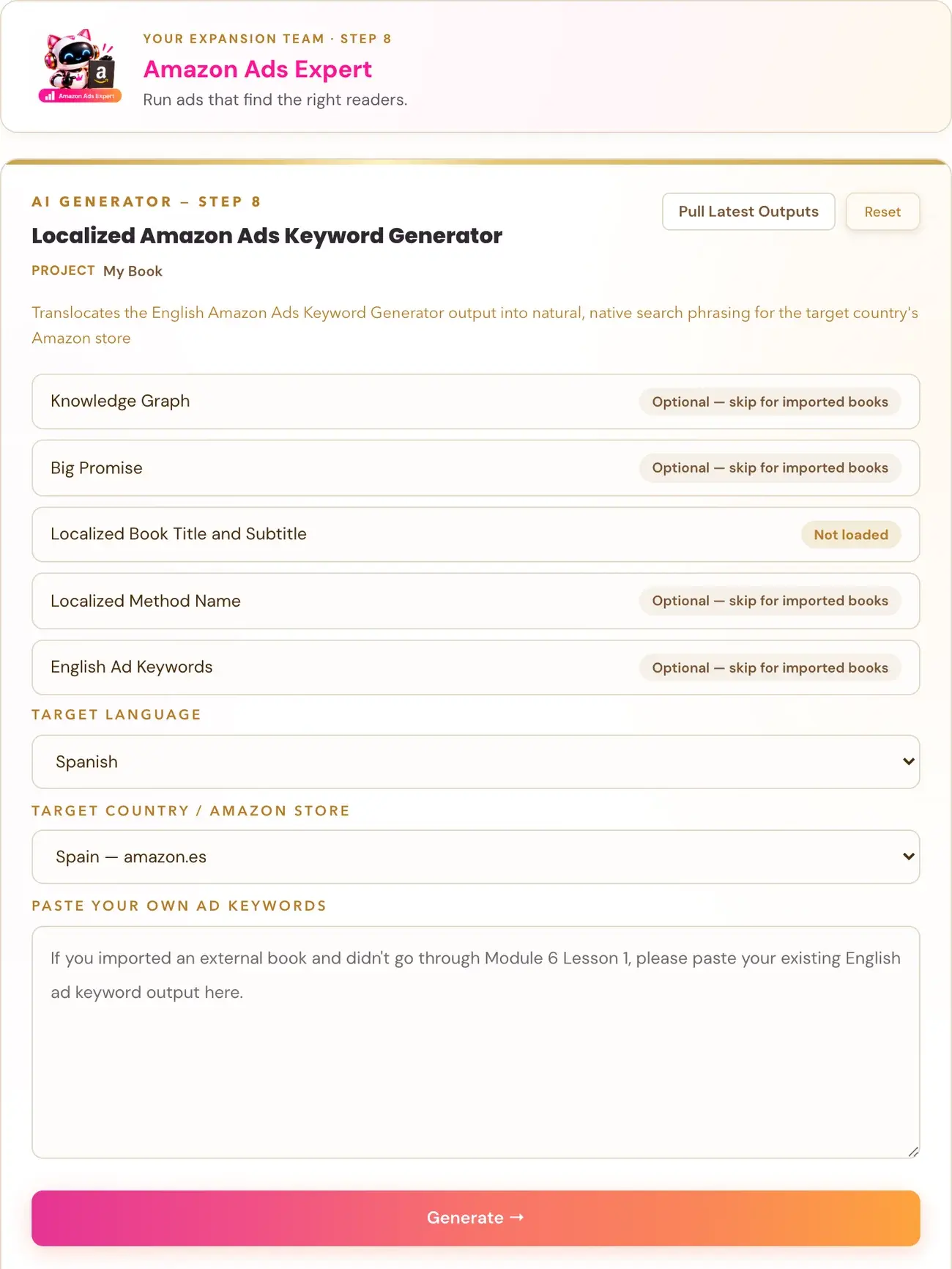 The Localized Amazon Ads Keyword Generator in Golden Bestseller Empire, with its team character card above it.
