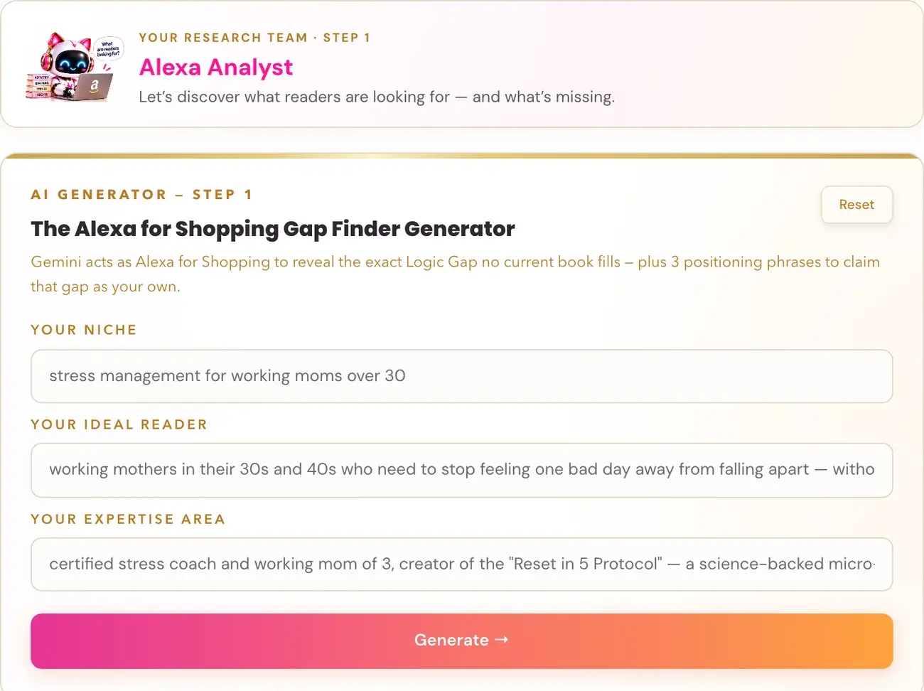 The Alexa for Shopping Gap Finder Generator in Golden Bestseller Empire, with its team character card above it.
