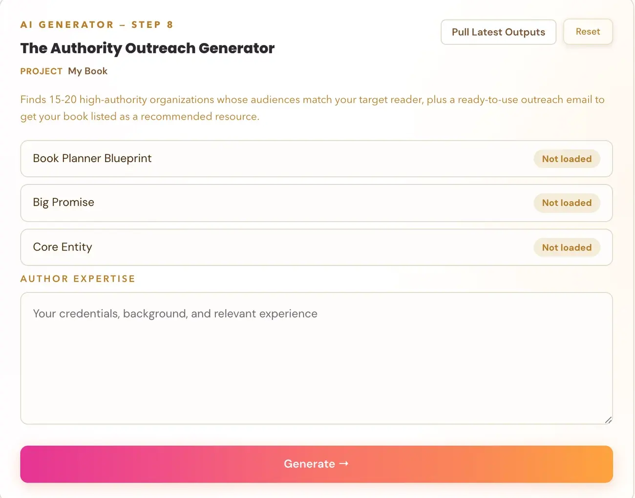The Authority Outreach Generator in Golden Bestseller Empire, with its team character card above it.