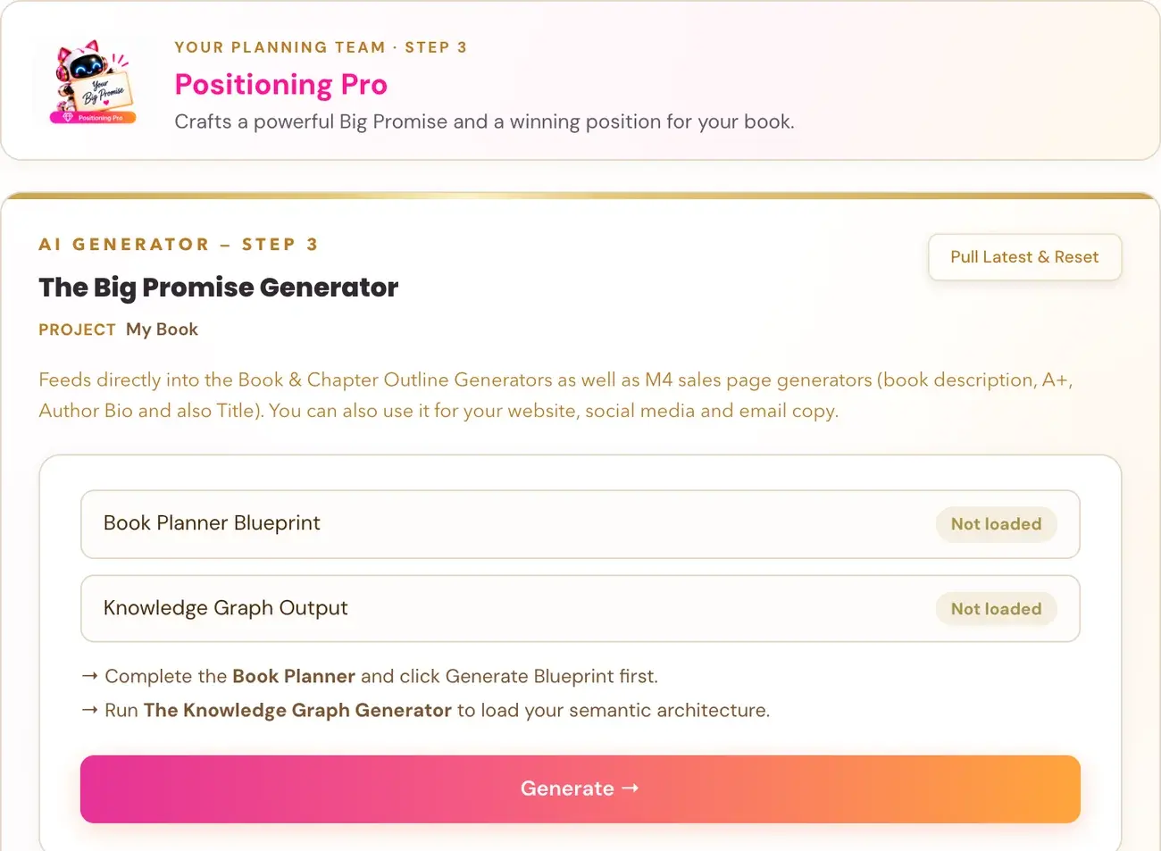 The Big Promise Generator in Golden Bestseller Empire, with its team character card above it.