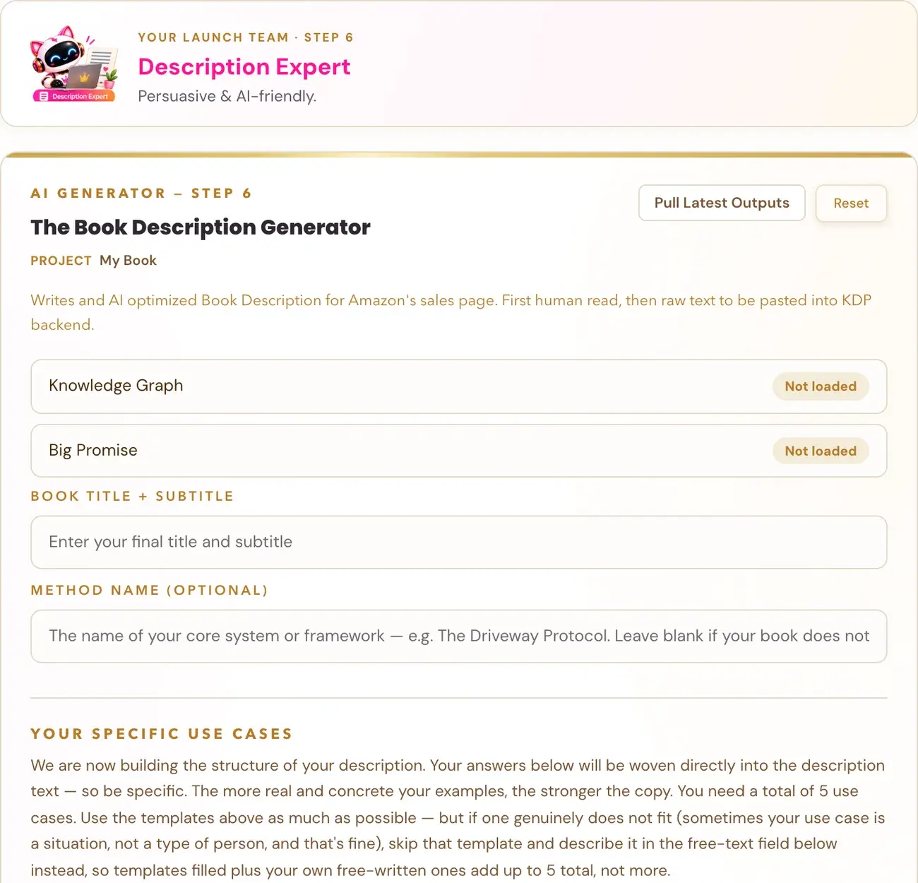 The Book Description Generator in Golden Bestseller Empire, with its team character card above it.