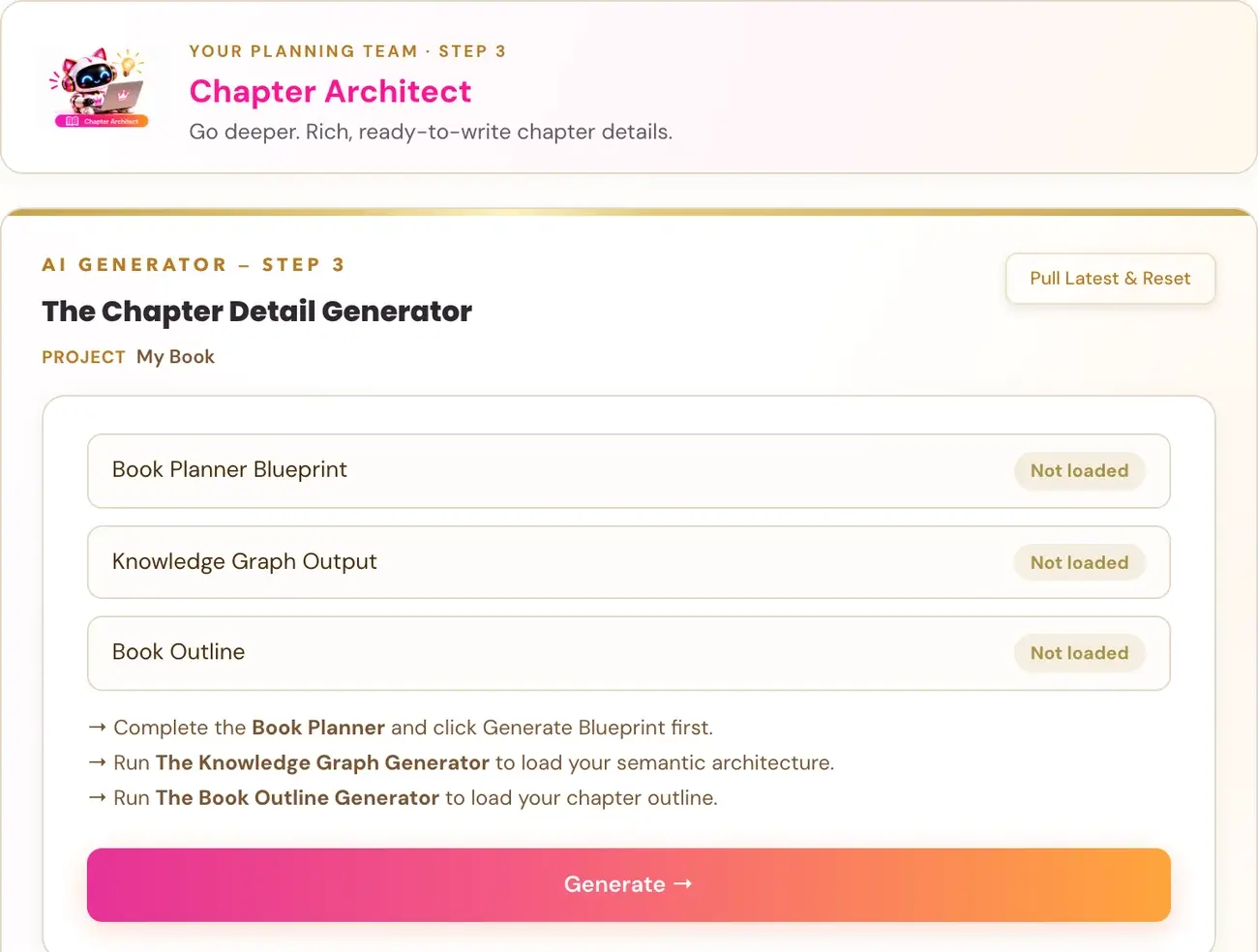 The Chapter Detail Generator in Golden Bestseller Empire, with its team character card above it.