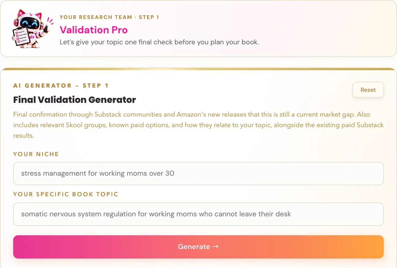 The Final Validation Generator in Golden Bestseller Empire, with its team character card above it.
