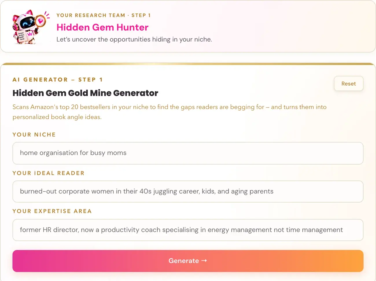 The Hidden Gem Gold Mine Generator in Golden Bestseller Empire, with its team character card above it.