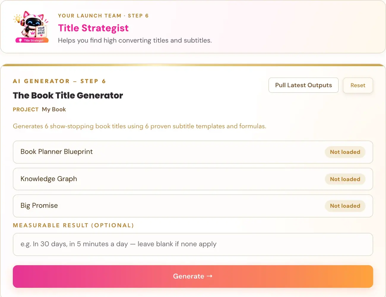The Book Title Generator in Golden Bestseller Empire, with its team character card above it.