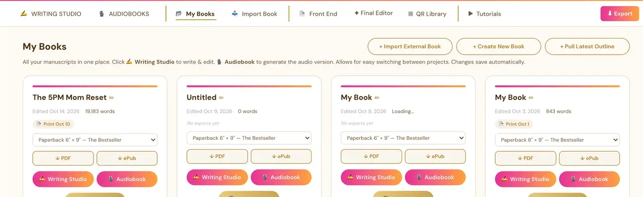 The My Books tab in the Writing Studio.