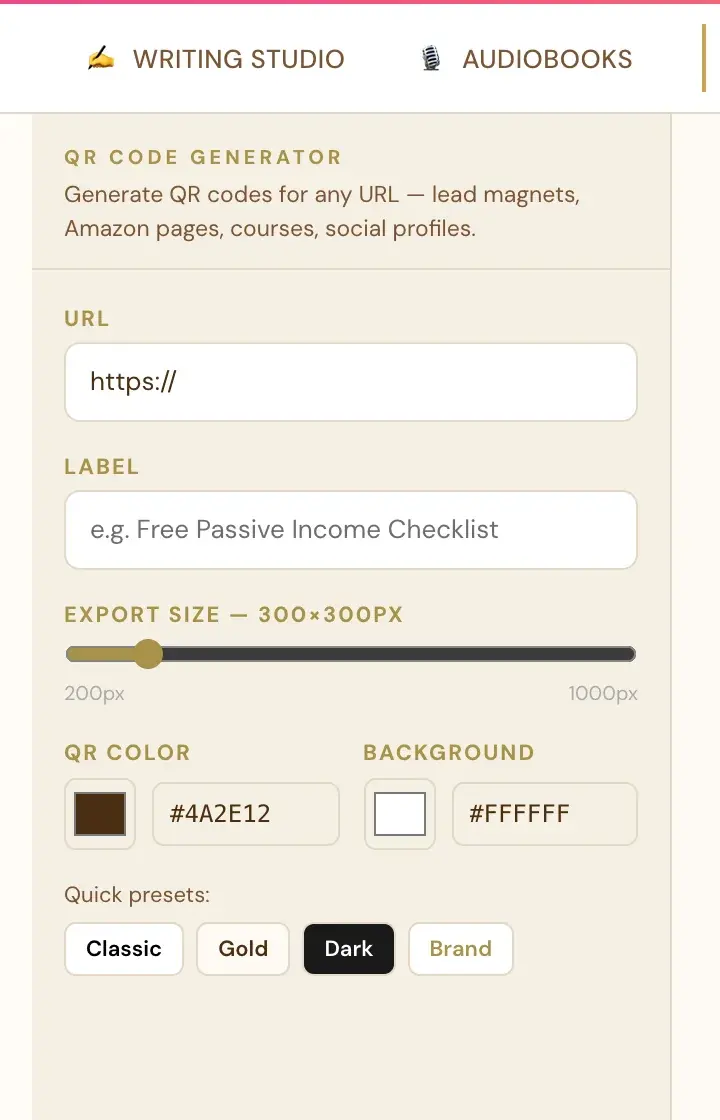 The QR Library tab with the QR Code Generator form on the left.