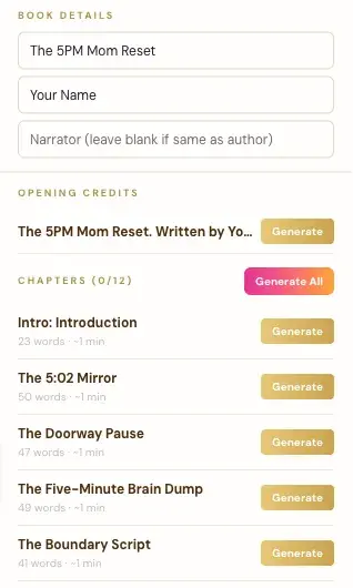 The Audiobook Creator's Book Details, Opening Credits and Chapters list for the Mom book.