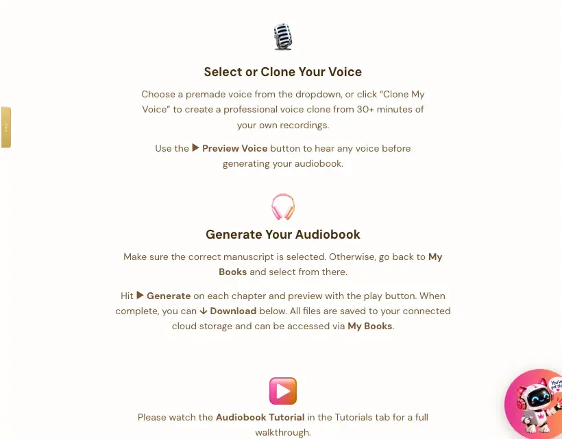 The guidance panel: Select or Clone Your Voice, and Generate Your Audiobook.