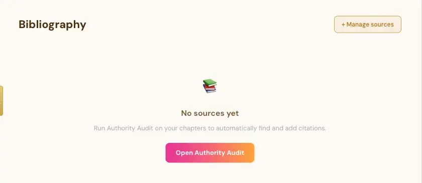 The Bibliography section with "No sources yet" and the Open Authority Audit button.