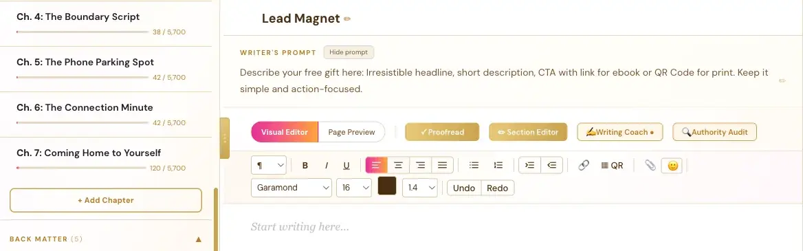 The Lead Magnet section with its Writer's Prompt and an empty writing area.