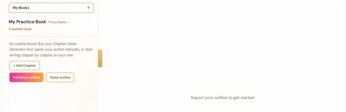 A blank book in the Writing Studio, with "Import your outline to get started" on the right.