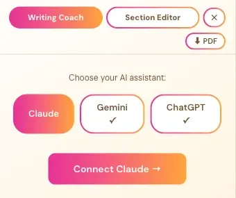 The Writing Coach panel with "Choose your AI assistant": Claude, Gemini and ChatGPT.