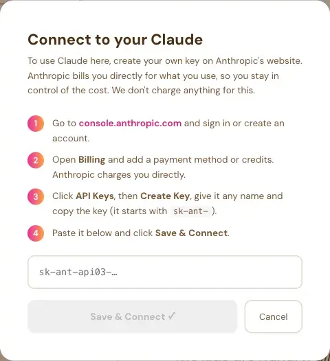 The Connect to your Claude window with four numbered steps and a box for your key.
