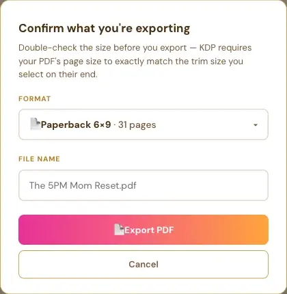 The Confirm what you're exporting window, with the KDP reminder about the trim size.
