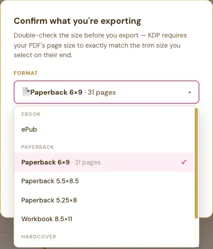 The Format list in the export window, grouped as Ebook, Paperback and Hardcover.