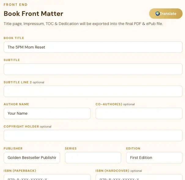 The Front End form with the ISBN (Paperback) and ISBN (Hardcover) boxes.