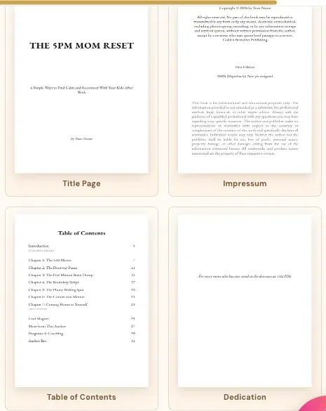 The four Front End page previews. The Dedication page shows the dedication in italics.