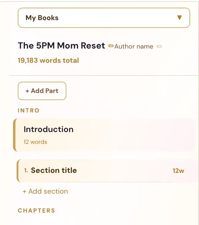 The left panel of the Writing Studio, with the book title, Add Part and the section list.