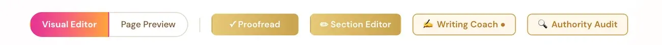 The Writing Studio buttons: Visual Editor, Page Preview, Proofread, Section Editor, Writing Coach and Authority Audit.