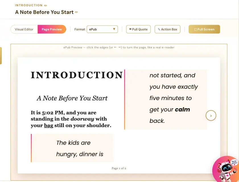 A page in the ePub preview. Click the edges to turn the page, like a real e-reader.