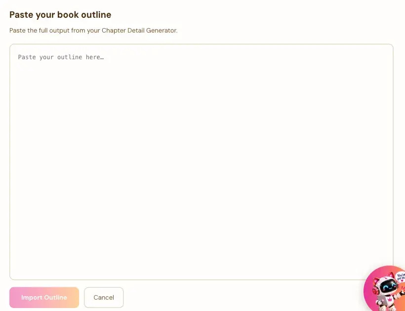 The Paste your book outline screen with a big box, Import Outline and Cancel.