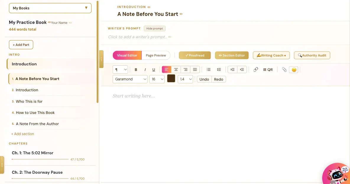 A book after pulling the outline: intro sections, then Chapter 1 and Chapter 2, each with a word target.