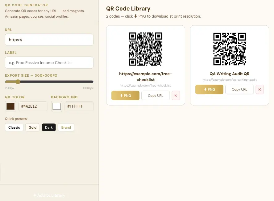 The QR Library tab: the generator on the left and your saved QR codes on the right.