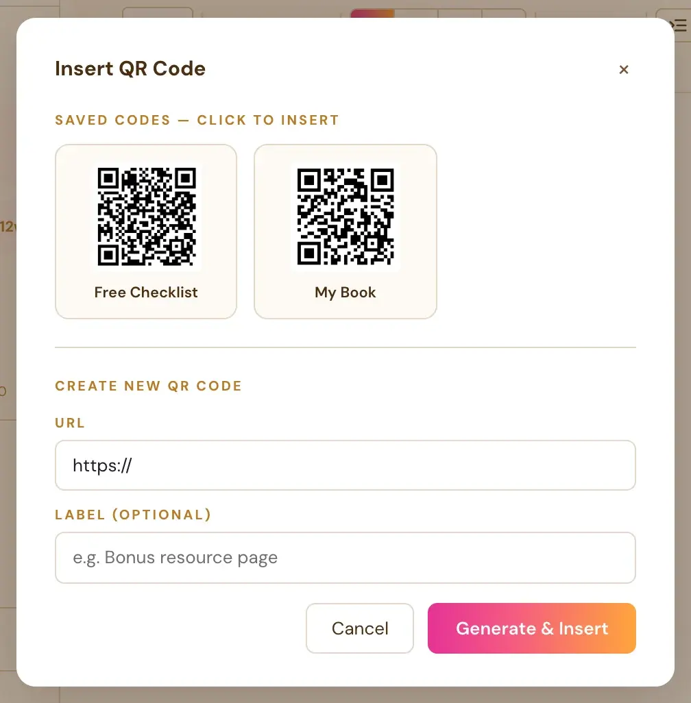 The Insert QR Code window in the Writing Studio.