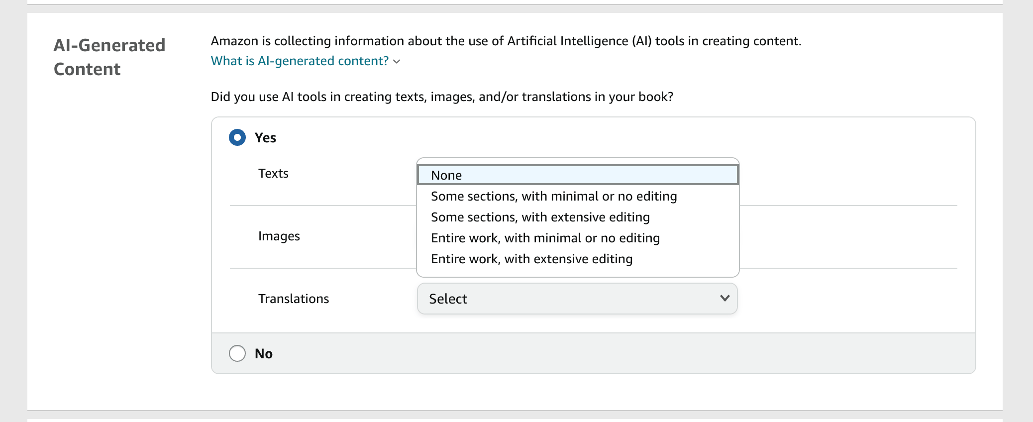 KDP's AI-Generated Content question with options for texts, images, and translations by Gundi Gabrielle of Golden Bestseller Empire