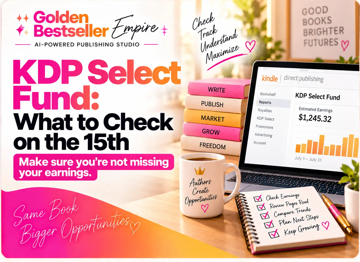 KDP Select Fund guide cover by Gundi Gabrielle of Golden Bestseller Empire, showing a laptop with a Kindle Direct Publishing reports screen, stacked books, and a checklist to check earnings, review pages read, compare trends, and plan next steps