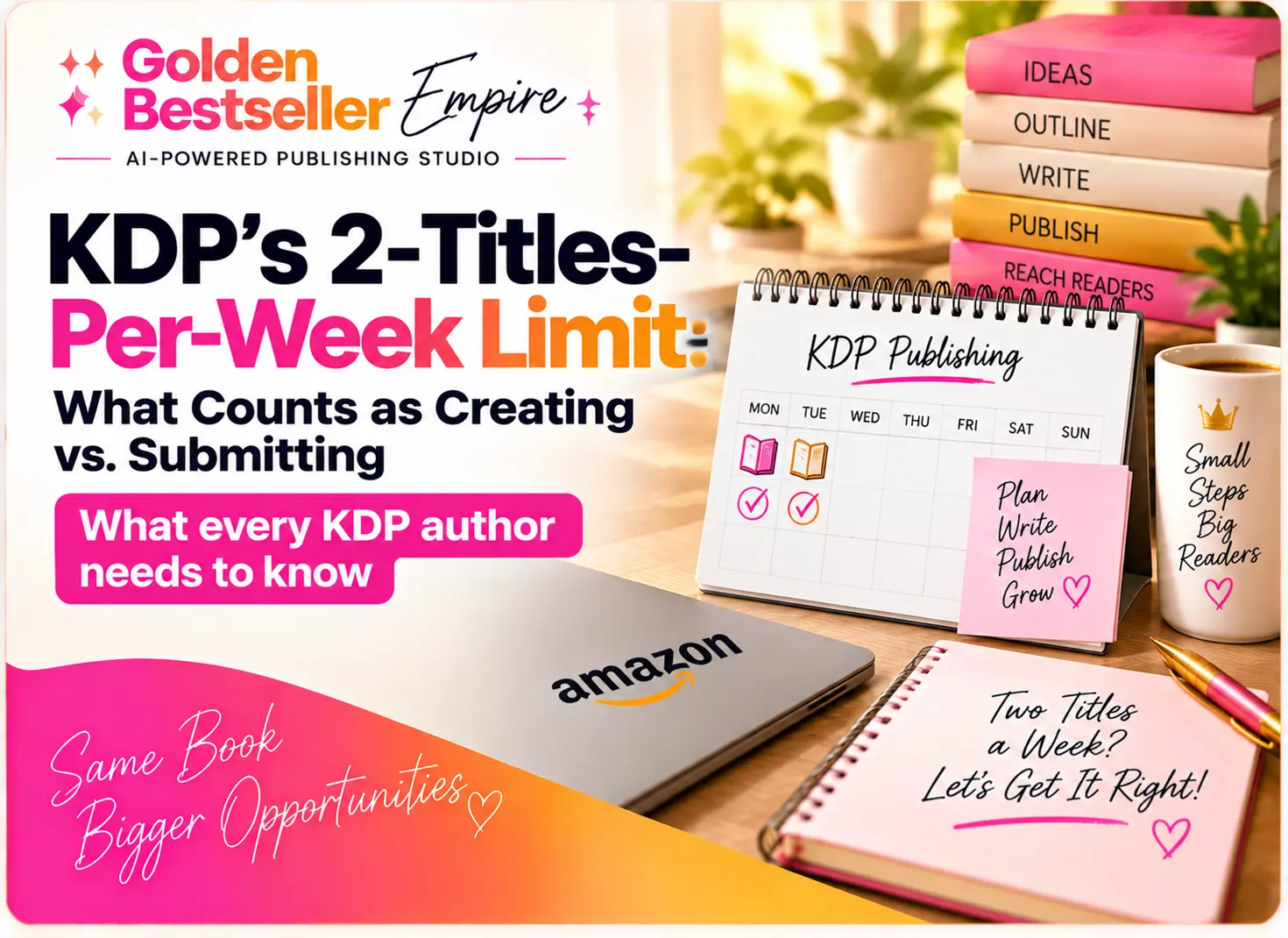 KDP title limit news cover by Gundi Gabrielle of Golden Bestseller Empire, showing a weekly KDP publishing calendar with two titles marked on Monday and Tuesday, a stack of books, and a notebook reading Two Titles a Week? Let's Get It Right