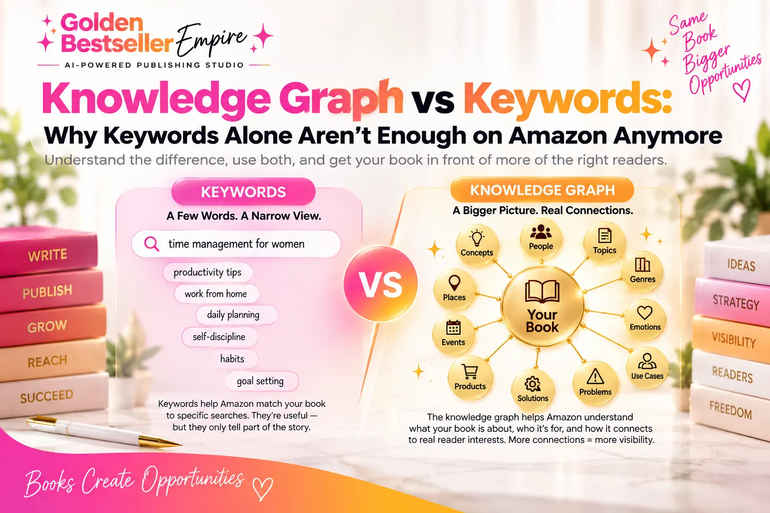 Knowledge graph vs keywords infographic by Gundi Gabrielle of Golden Bestseller Empire, comparing a narrow list of keywords with a knowledge graph connecting your book to concepts, people, topics, genres, emotions and problems