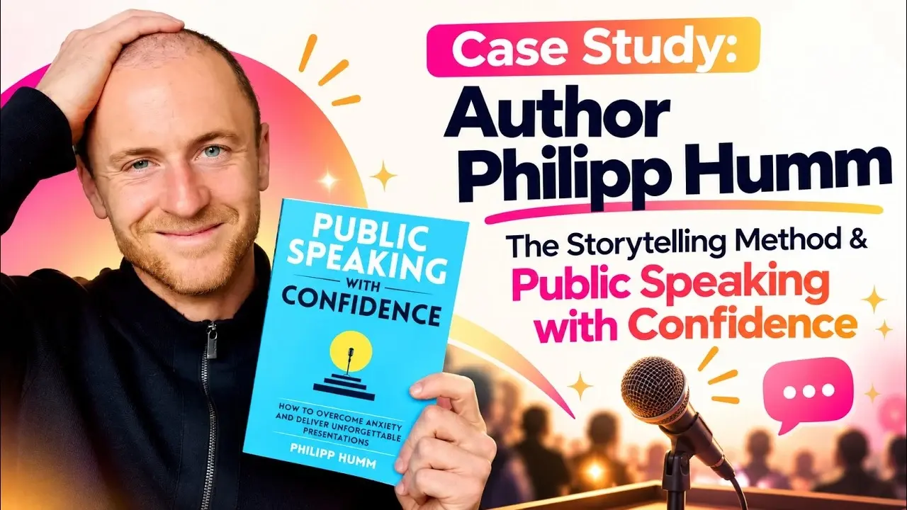Case study cover by Gundi Gabrielle of Golden Bestseller Empire: author Philipp Humm holding his book Public Speaking with Confidence, next to his bestselling book The StorySelling Method