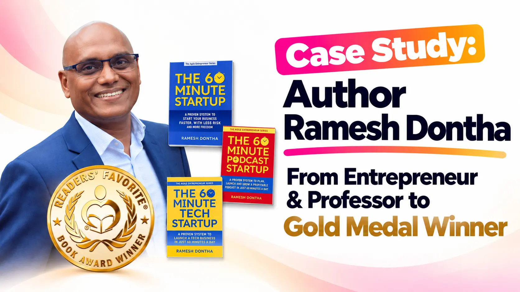 Case study cover by Gundi Gabrielle of Golden Bestseller Empire: author Ramesh Dontha holding his Agile Entrepreneur Series books The 60 Minute Startup, The 60 Minute Podcast Startup and The 60 Minute Tech Startup, next to his Readers' Favorite Gold Medal Book Award