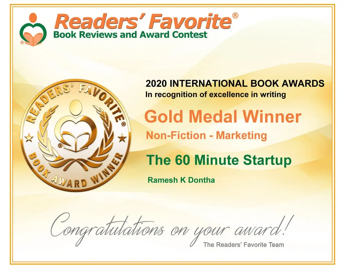 Readers' Favorite 2020 International Book Awards Gold Medal Winner certificate for The 60 Minute Startup by Ramesh K Dontha, Non-Fiction - Marketing category