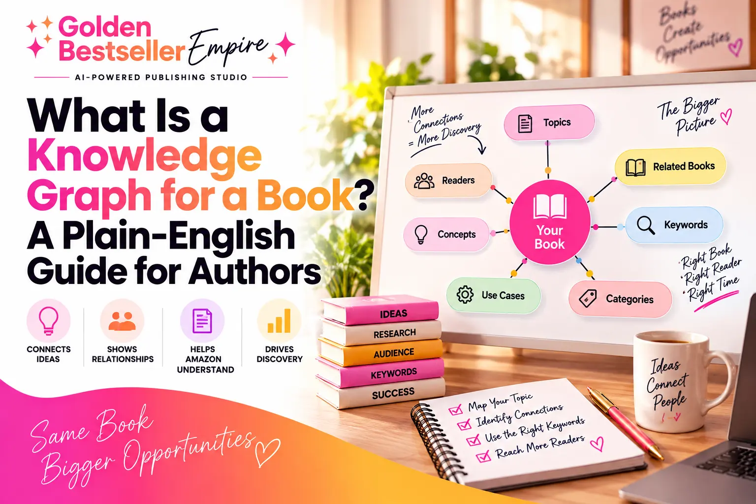 What is a knowledge graph for a book guide cover by Gundi Gabrielle of Golden Bestseller Empire, showing your book at the center of a whiteboard map connected to topics, readers, concepts, related books, keywords, use cases and categories